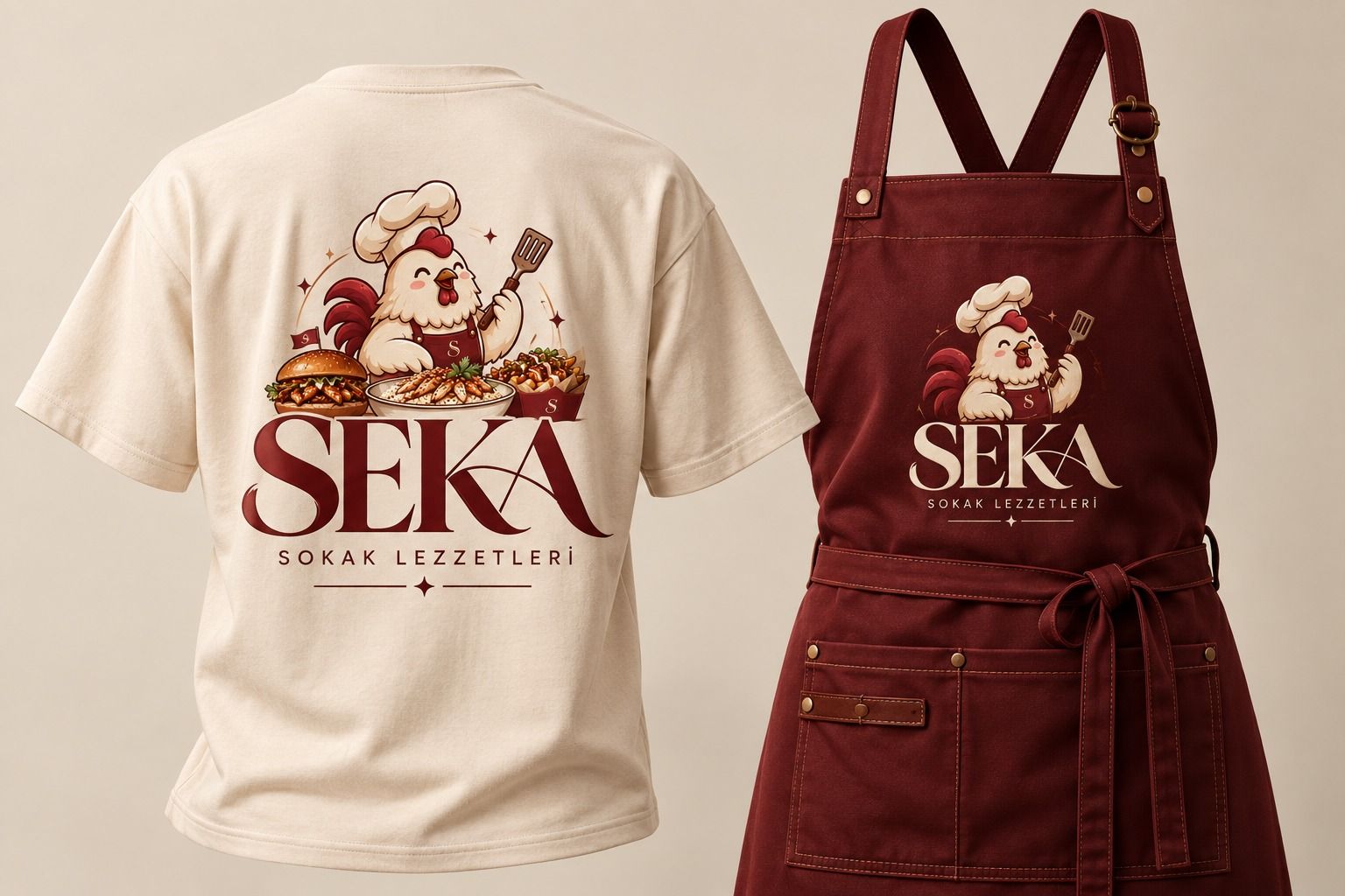 SEKA logolu krem tişört ve bordo önlük