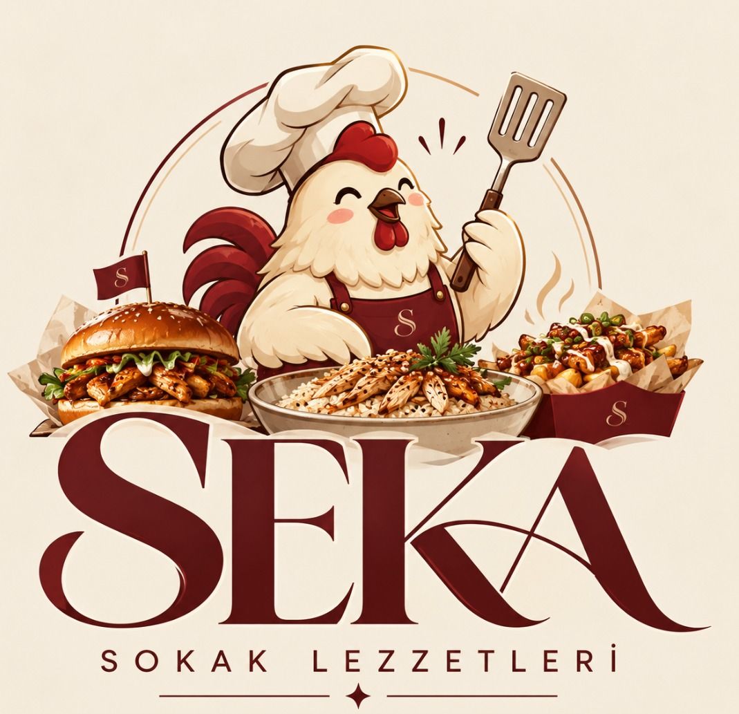 SEKA Sokak Lezzetleri logosu: şef şapkalı, elinde spatula tutan tavuk maskot; önünde burger, tavuk pilav ve patates