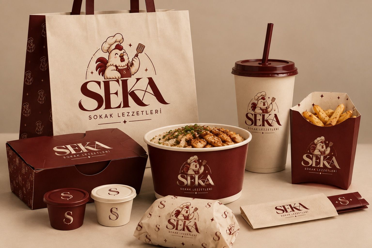 SEKA Sokak Lezzetleri markalı paket, kâse, bardak ve patates kutusu